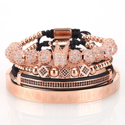 Rose gold Mcllroy 4 шт./компл. золотой браслет Для мужчин Корона со стразами CZ Циркон Нержавеющая сталь бусины плетеный браслет с круглыми бусинами класса люкс, ювелирное изделие, Дропшип - Окраска металла: Rose gold