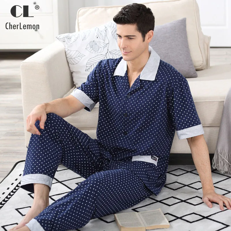 Мужская Хлопковая пижама в горошек с короткими рукавами и пуговицами на