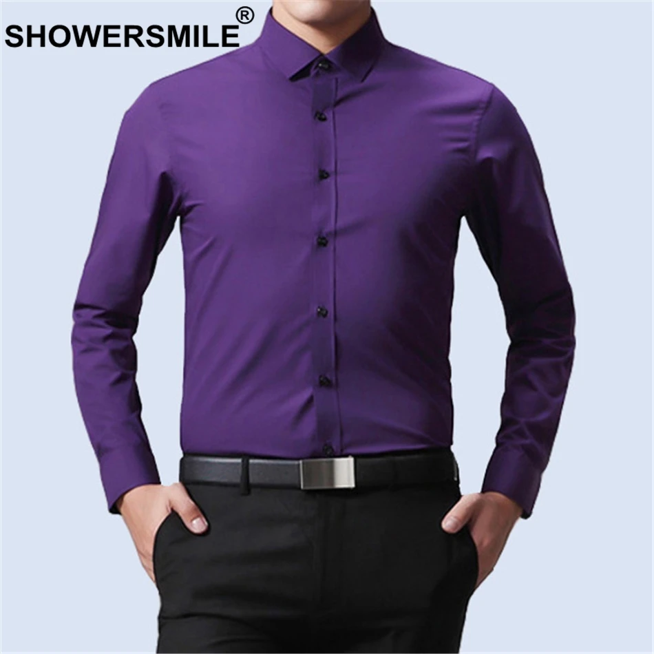 SHOWERSMILE, бордовая Мужская рубашка с длинным рукавом, летние официальные рубашки для мужчин, рубашка из бамбукового волокна, приталенная, 4xl размера плюс, одежда
