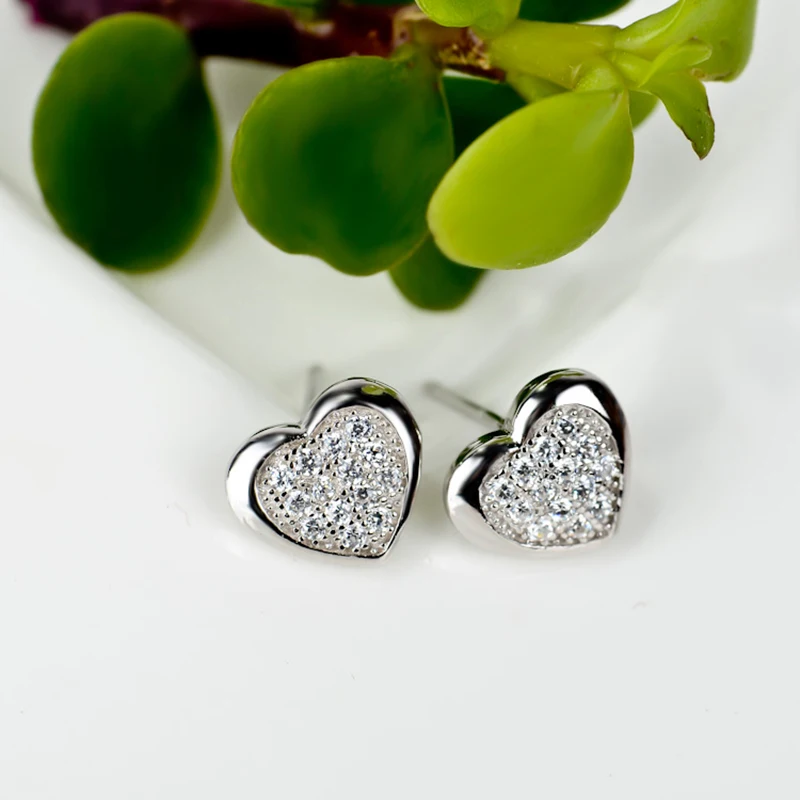 

GNE0453 Hot Sale 100% Real 925 Sterling Silver Stud Earrings Sweet Heart Crystal CZ Charming Earring, Fashion Jewelry For Women
