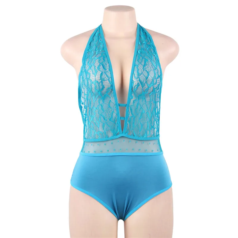 Blue Bodysuits Comeondear Холтер размера плюс нижнее белье боди Сексуальное Женское боди с открытой спиной прозрачный глубокий v-образный вырез боди костюм черный комбинезон RB80778 - Цвет: Blue Bodysuits