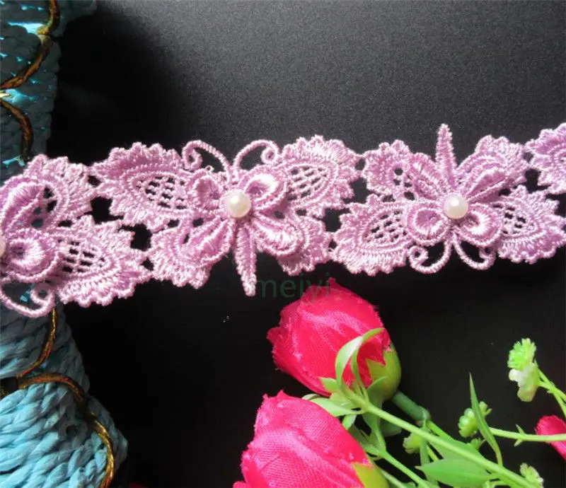 2 ярда фиолетовая бабочка бант жемчужная вышитая кружевная отделка лента ткань