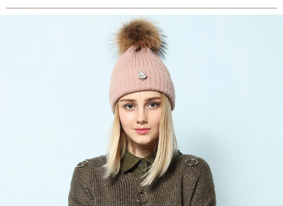 Ralferty Leaf Beanies Skullies помпон из меха енота шапка для женщин женские вязаные теплые зимние шапки лыжи gorros прочная чашка