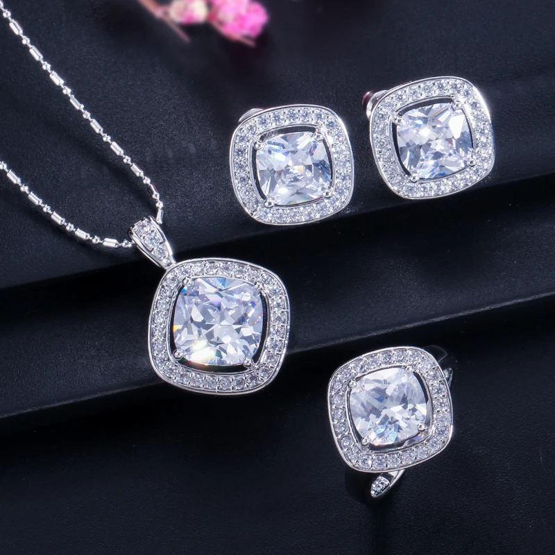 ANGELCZ классический квадратный Розовый кристаллический камень стерлингового серебра 925 милые серьги ожерелье кольцо для девочек прекрасный ювелирный набор AJ024