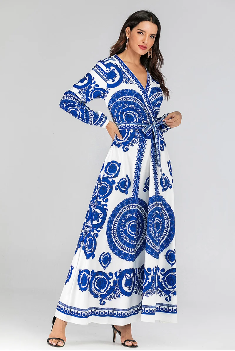 Винтажное ацетатное волокно тонкое женское длинное платье этнический синий