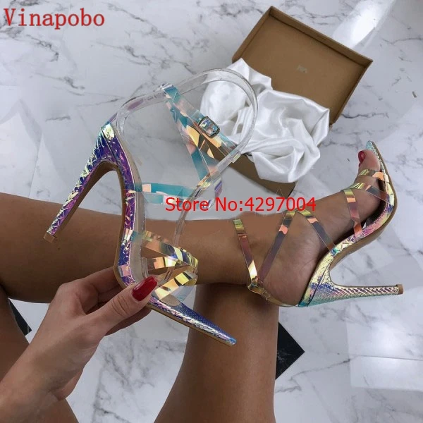 Vinapobo/женские босоножки; коллекция года; прозрачные женские босоножки из плексигласа на толстом каблуке с кристаллами; сезон лето; Прозрачный каблук; женская обувь; Sandalias - Цвет: as the picture