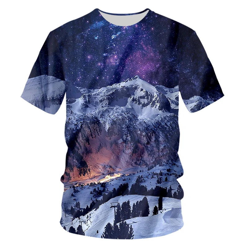 Футболка OGKB Мужская короткая объемная рубашка с принтом снега гор свободная