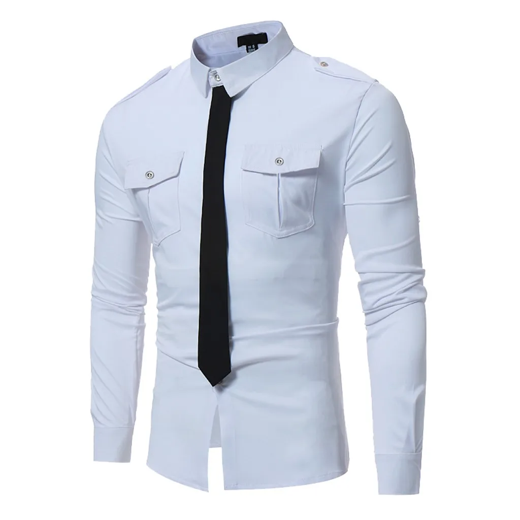 Белый Весенние осенние мужские рубашки Slim Fit повседневные с длинным рукавом поддельный галстук Мужская рубашка сплошной цвет черно-белая блузка Топы Одежда - Цвет: Белый