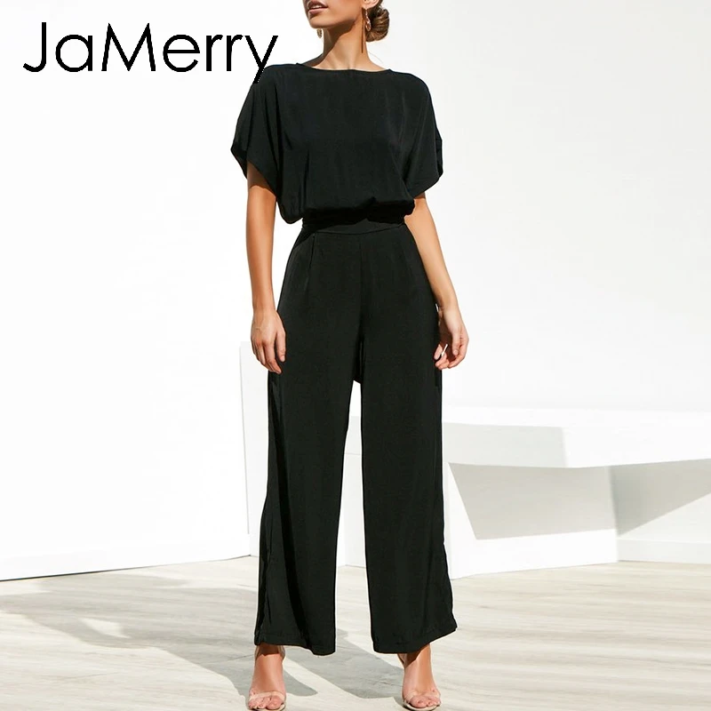JaMerry винтажный однотонный черный женский комбинезон летний короткий рукав