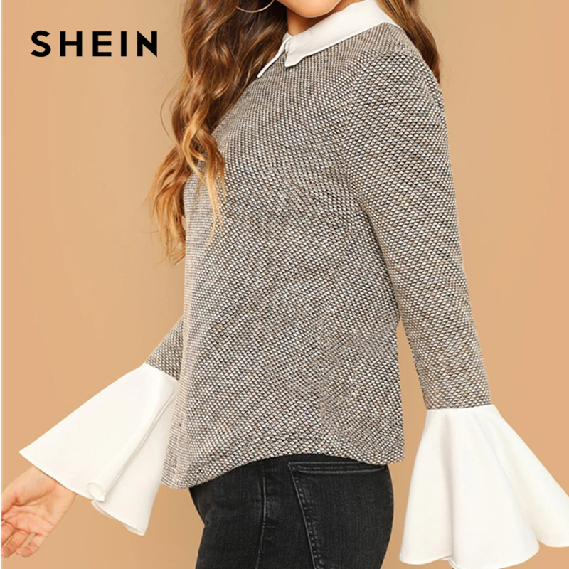 SHEIN Блуза С Контрастным Вставками И Оригинальным Рукавом Женская Осенняя Элегантная Блузка С Длинными Рукавами И Оборками