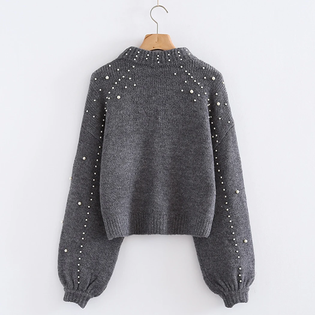 Women Pearl Beading Knitted Sweater Turtleneck Winter Warm Loose Jumper Female Lantern Sleeve Gray Sweaters Pullover | Женская одежда