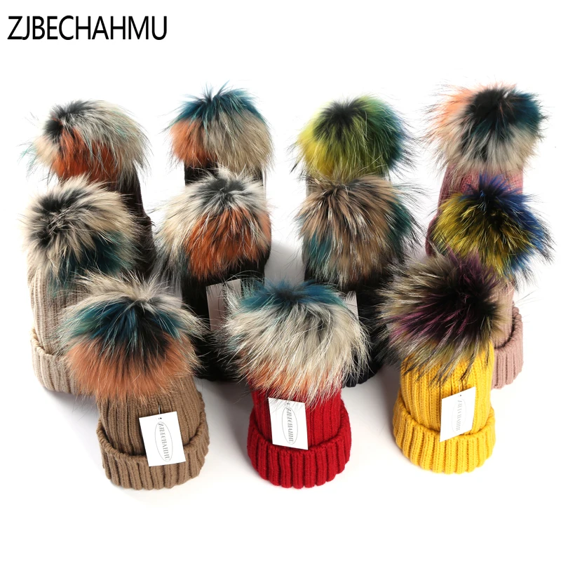 Модная новинка, помпоны из натурального Лисьего меха и норки, 15 см, Skullies Beanies, шапки для женщин и девочек, зимние шапки, детские шапки, шапка