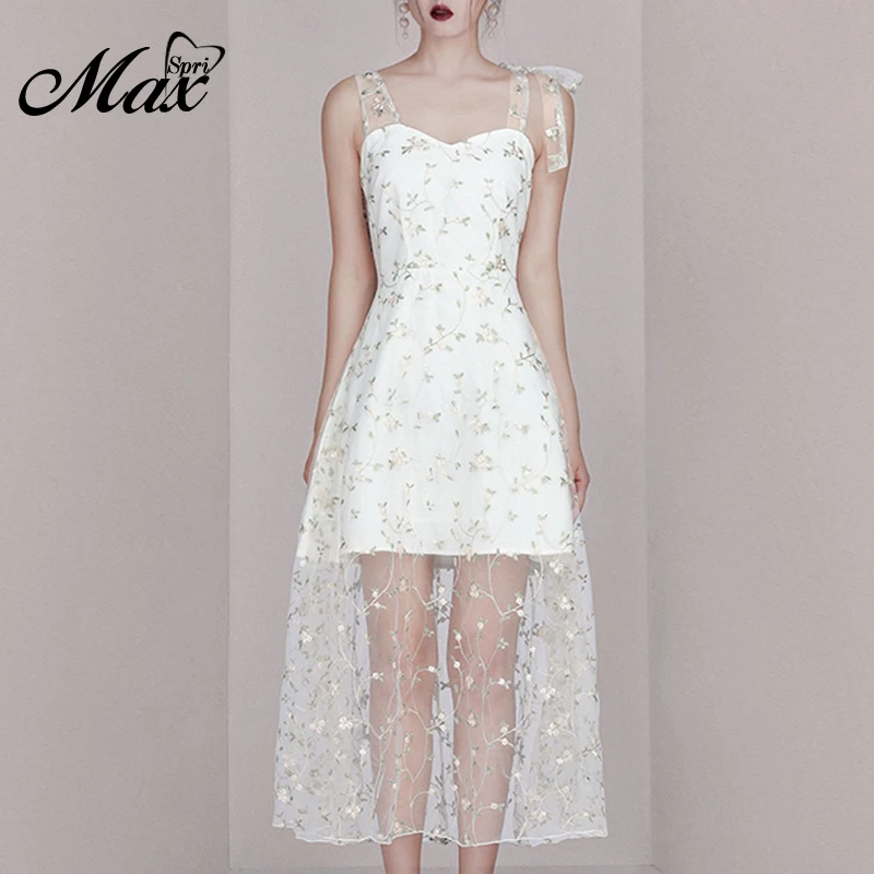 Max Spri 2019 New Style Women Dress V Neck Floral Spaghetti Strap Sleeveless Lace Up A-line Summer White Office Lady | Женская одежда
