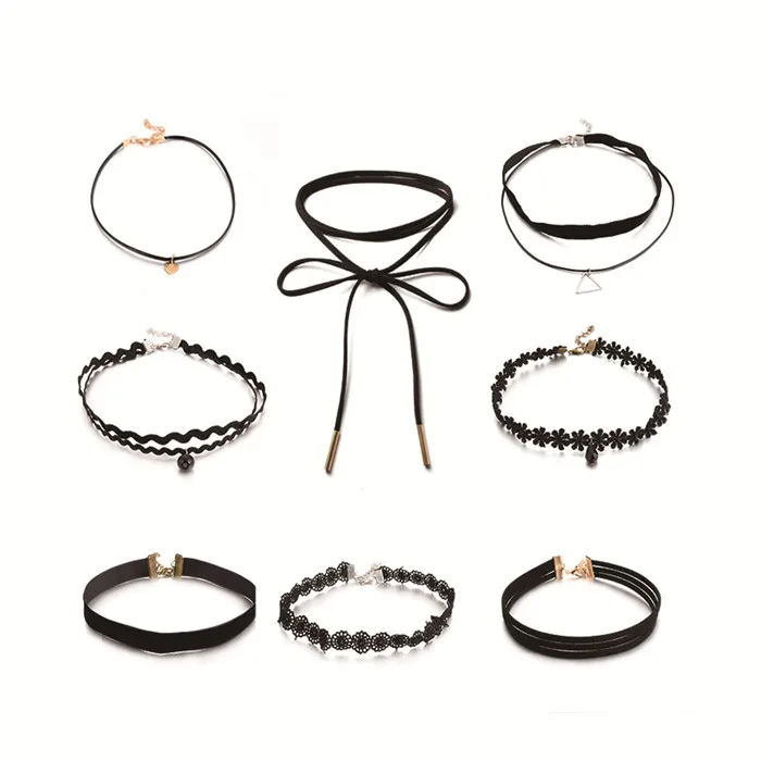 8pcs/set Gothic Black Velvet Tattoo Lace Choker Necklace Fashion Multi Layer Charm Women Chockers Necklaces Punk Jewelry | Украшения и