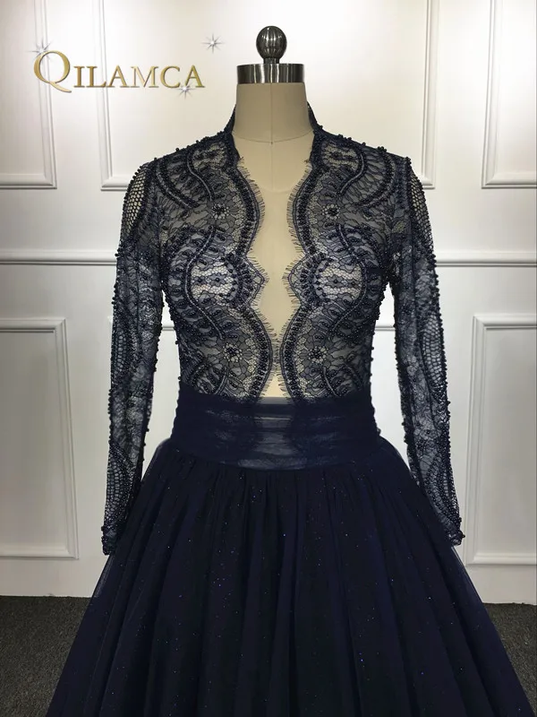 Arabic Evening Dresses Elegant Floor Length 2018 Long Sleeves Prom Party Gowns Dark Navy prom dress | Свадьбы и торжества