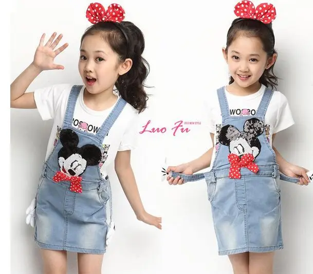 2016 летние джинсовые платья на подтяжках для маленьких девочек с Микки и Минни