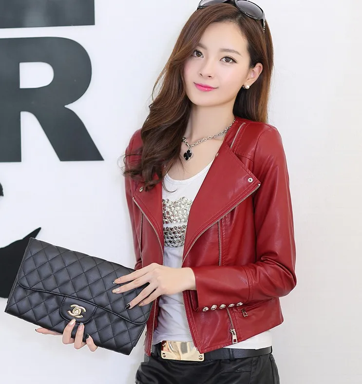 Осень и зима пу короткий тонкий узкие кожаное пальто большой размер женщин