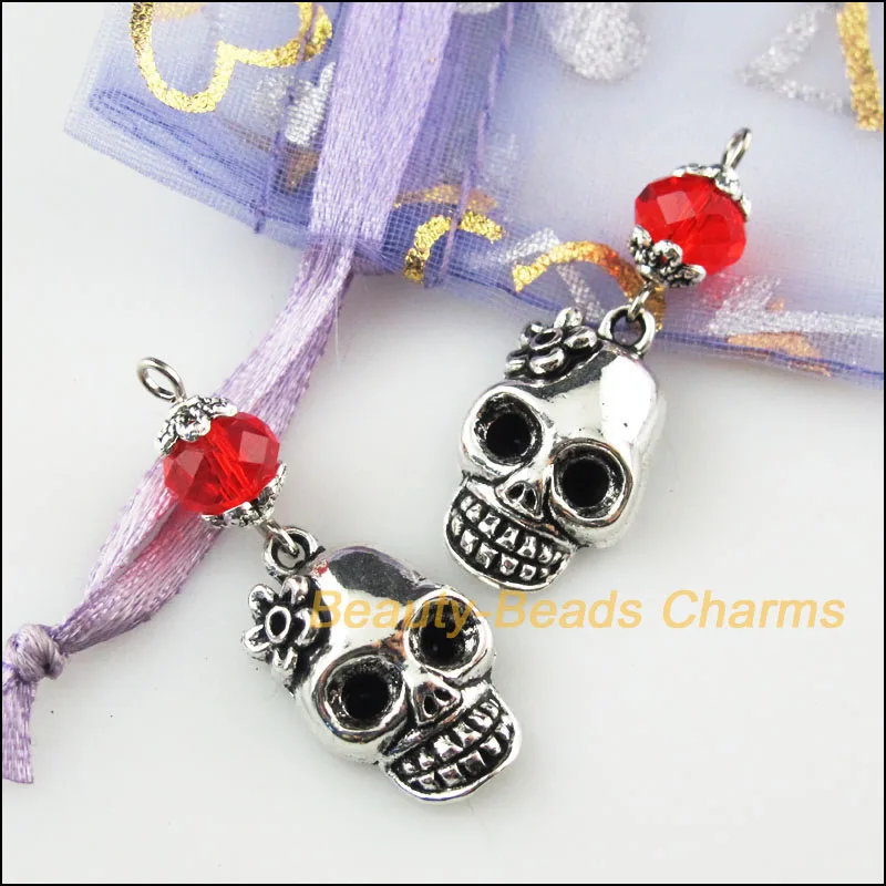 8 шт Тибетский серебристый цвет красного цвета с цветочным узором и стразами в