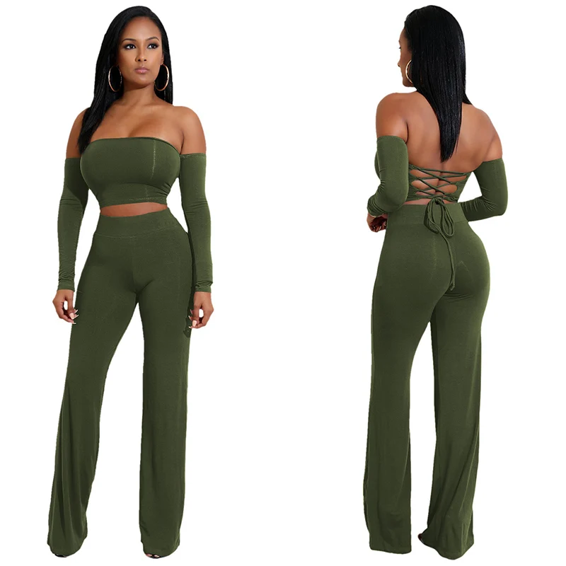 Бандажный брючный костюм из двух предметов с открытыми плечами однотонные узкие