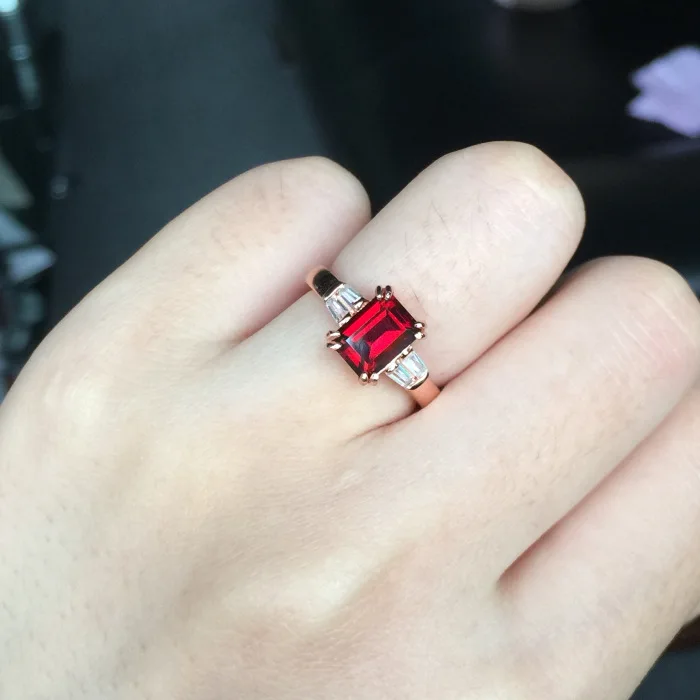 Solid Silver 925 Natural Red Square Stone Rings Women Elegant Brief Style Female Sterling Jewelry Free Ring Box Gifts | Украшения и