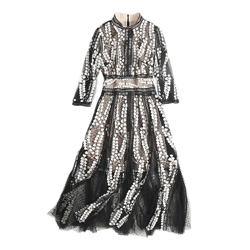 Крючком водолазка платье Для женщин темперамент пригородных сеть Вышивка рукава