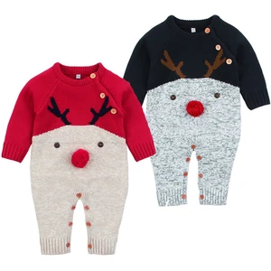 Рождественский комбинезон с длинными рукавами для новорожденных мальчиков и девочек 0-3 лет, вязаный зимний комбинезон с мультяшным животным, Детский комбинезон с оленем