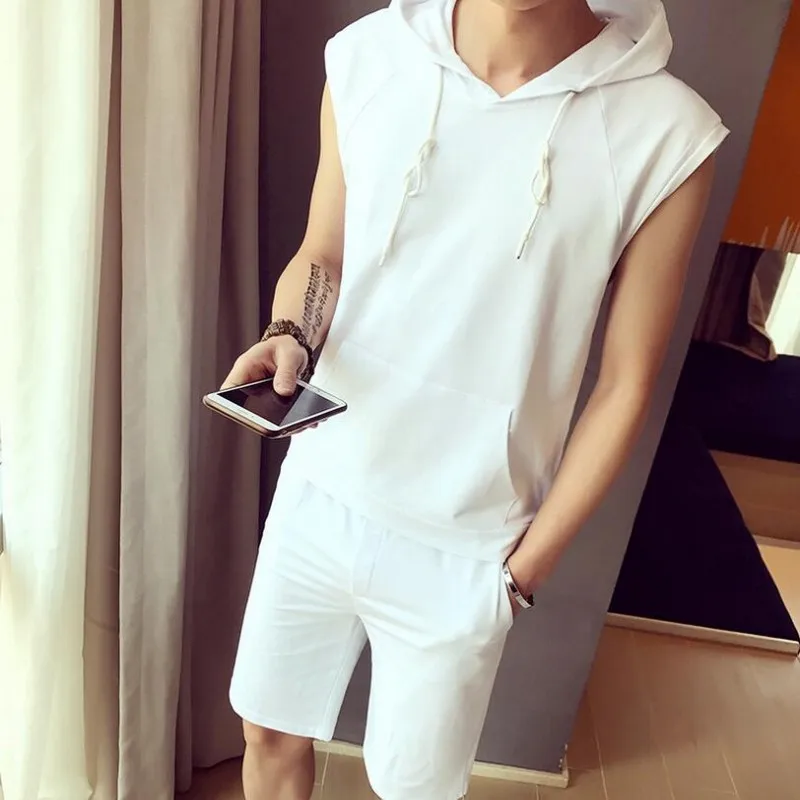 Мужской костюм без рукавов модный однотонный пуловер с капюшоном Повседневная