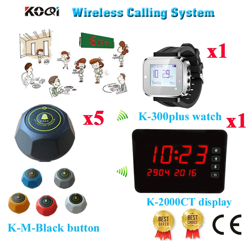Wireless Table Calling System Restaurant Call Button Waiter Call Bell Equipment Ycall CE( 1 display+ 1 watch+ 5 call button)