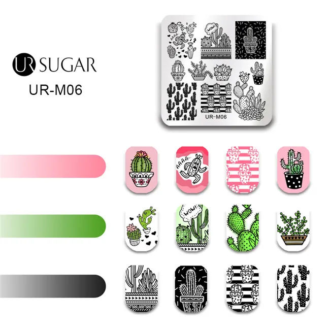 UR-M06 Ur Sugar ногтей штамповки пластины прямоугольные квадратные Круглые Цветочные животные в полоску Дизайн ногтей штамп шаблон изображение печать пластины - Цвет: UR-M06