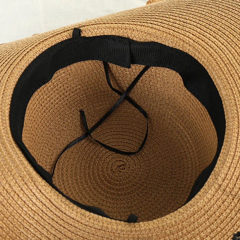 

New Fashion Women's Casual Letter Print Straw Hat Bowknot Wide Brim Beach Hat Ladies Sun Visor Hat Foldable Roll Up Cap Summer