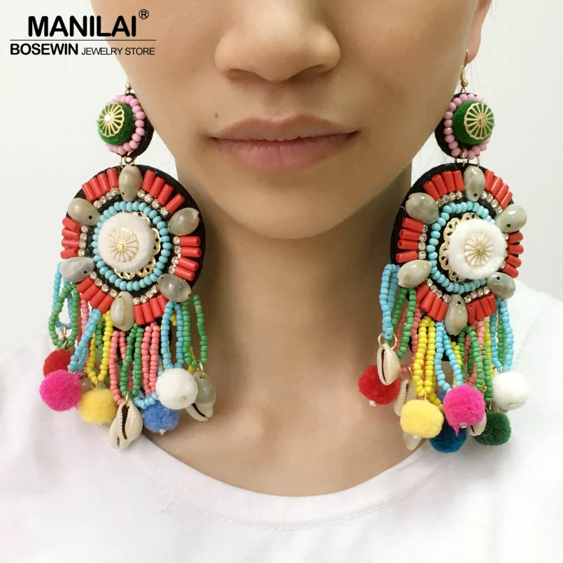 MANILAI, многоцветные серьги с помпонами, бисерными кисточками, Boho, ювелирное изделие, этнические, массивные висячие серьги с ракушками, Большие Подвески