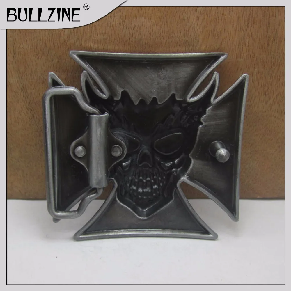 В Bullzine крест с черепом пряжки ремня оловянной отделкой FP-03333 подходит для детей на