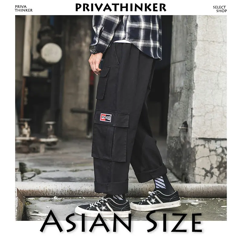 Privathinker, камуфляжные брюки карго, Мужская одежда,, Мужская Уличная одежда, прямые брюки, мужские хип-хоп комбинезоны, штаны для бега, отрегулируемые Мужские t - Цвет: Black(Asian Size)
