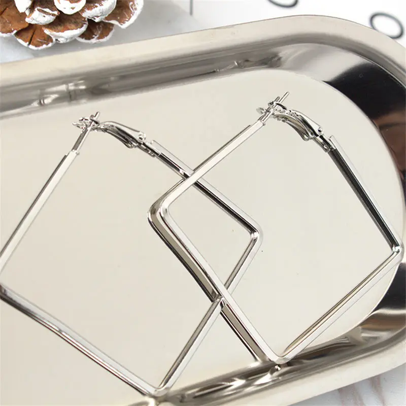 Silver Большие квадратные серьги-кольца в форме сердца для женщин Brincos розовое золото серебро Цвет массивные ювелирные изделия Шестигранная круглая серьга геометрической формы - Окраска металла: Silver