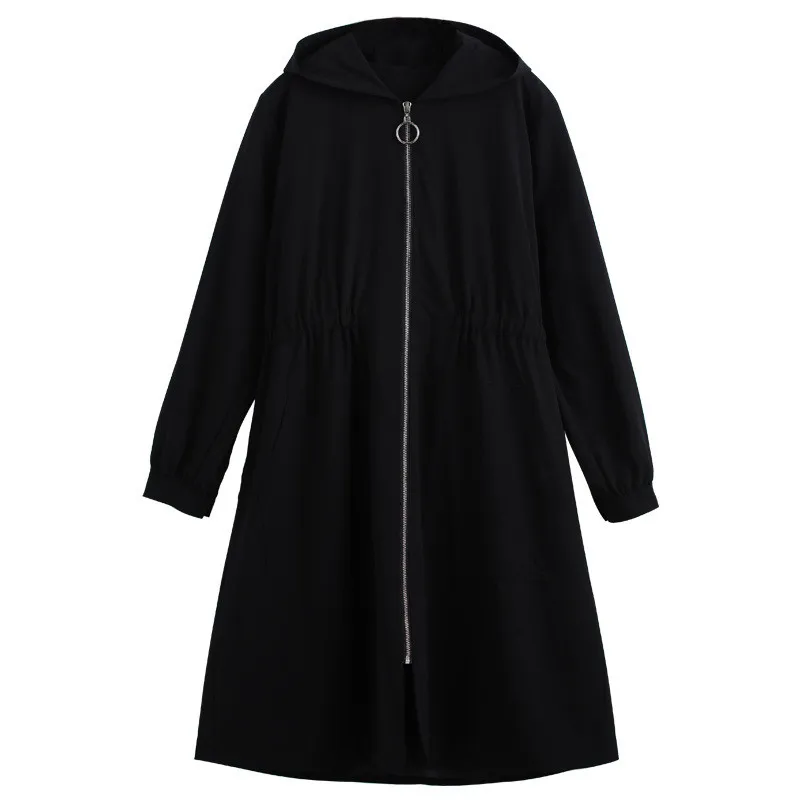 black Большой размер 4XL-10XL плащ с капюшоном Для женщин Демисезонный Длинная ветровка Женская Классическая Повседневное пальто на молнии черный Тренч G46 - Цвет: black