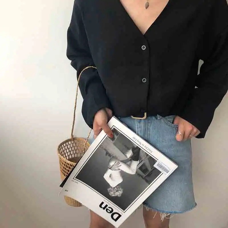 Женская однотонная блузка с V-образным вырезом на одной пуговице | одежда