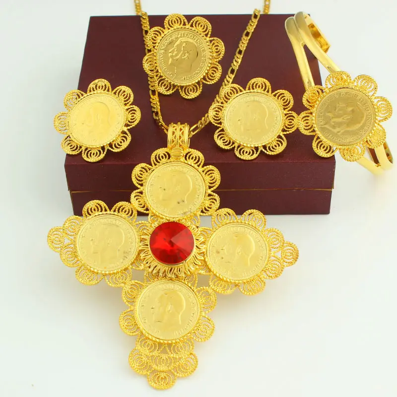 Adixyn новый красный камень Эфиопский крест монета Свадебные Ювелирные наборы 24 К