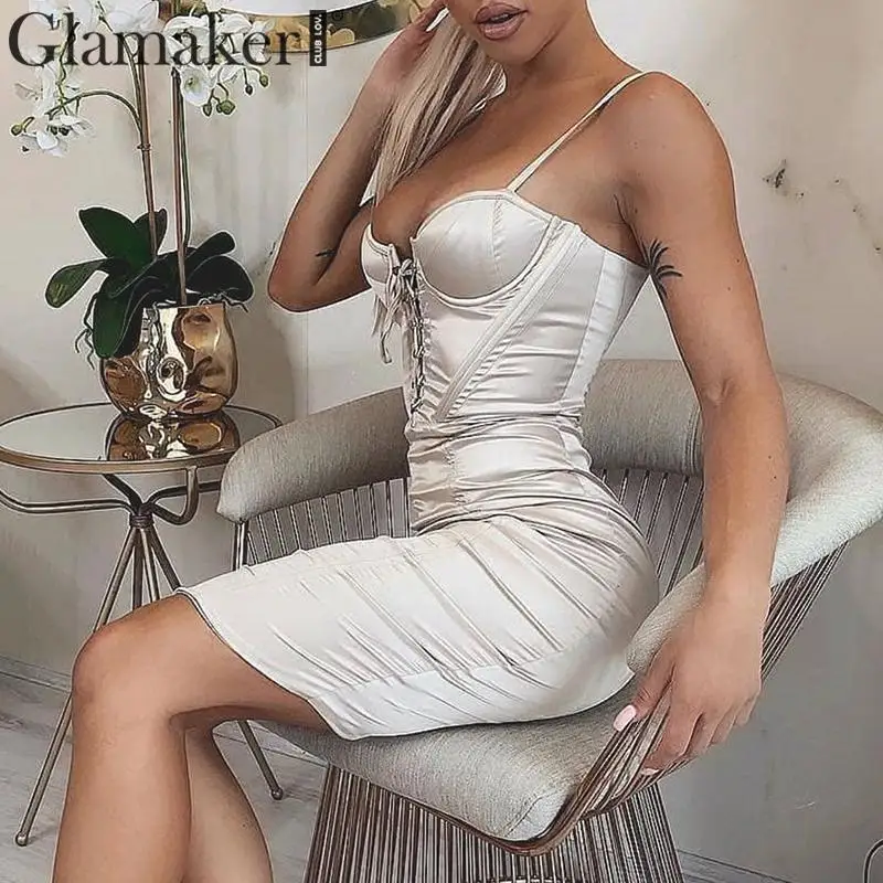 Glamaker атласное черное пикантное платье с бандажом женское летнее облегающее