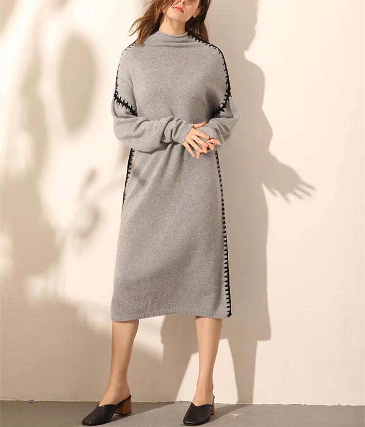 100% goat cashmere knit women new fashion elegant pullover sweater dress hand seamed sides high collar S/M/L | Женская одежда