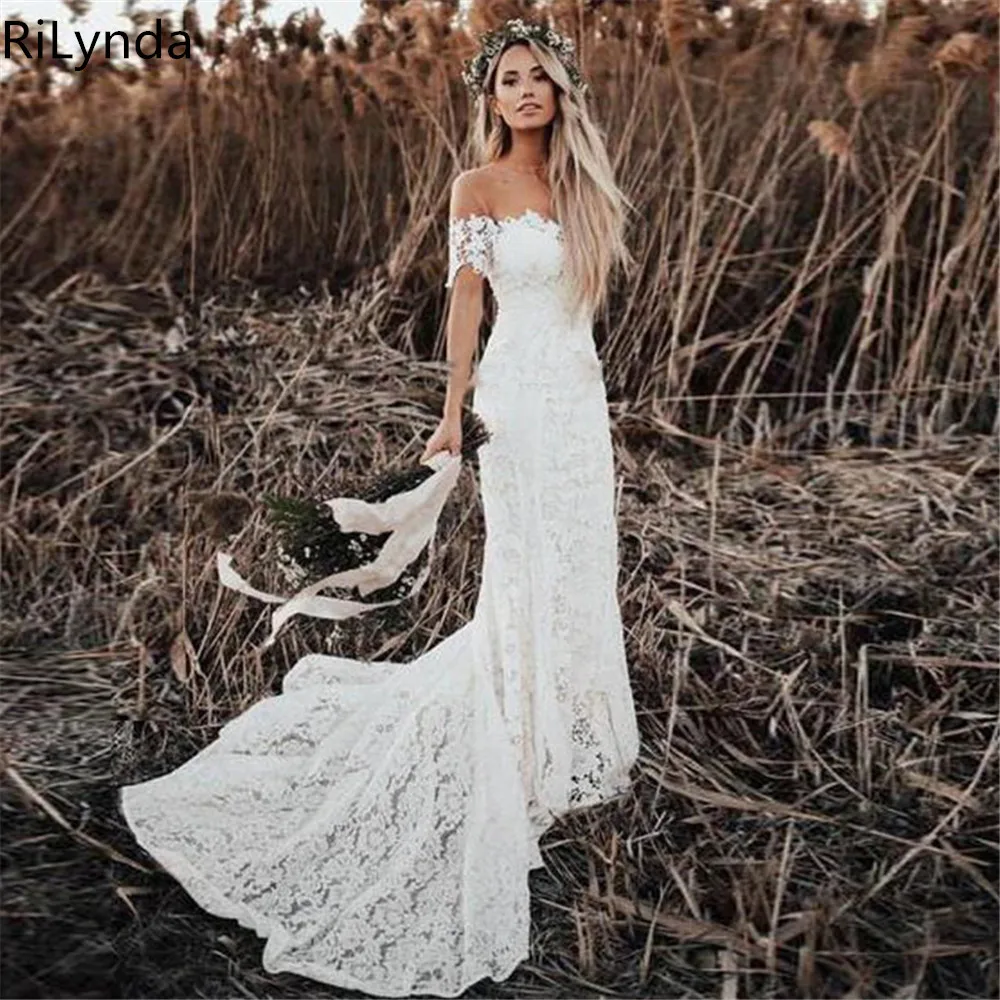

Elegant Boho Lace Wedding Dresses Country Style Off The Shoulder Short Sleeves Bridal Dresses Beach Wedding Gowns Sweep T