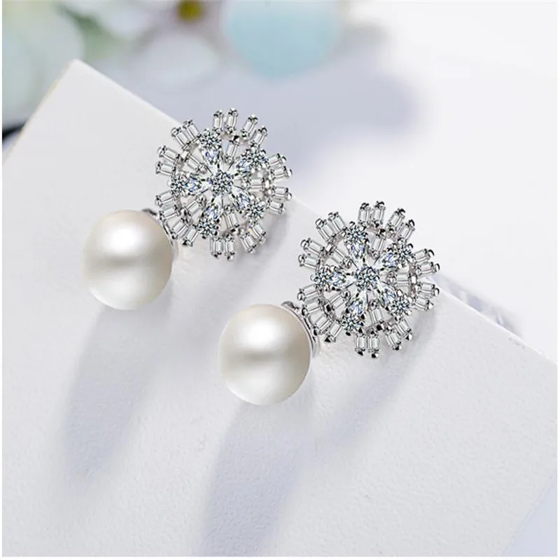 TJP New Fashion 925 Silver Women Stud Earring Party Jewelry Trendy Clear Crystal Zircon Stones Earrings For Girl Bride Bijou | Украшения и