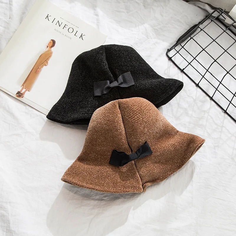 

Chenille Bucket Hats fisherman hat female autumn and winter new foldable basin hat travel leisure visor fashion bow hat