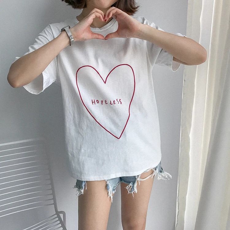 Вышитая буква Love Heart футболка с коротким рукавом женские футболки в японском