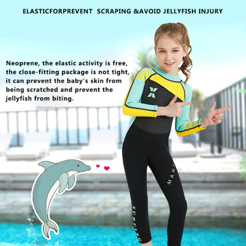 

One-piece Long Sleeves 2.5MM Neoprene Kids Diving Suit Long Sleeve Wetsuit girls UV protection Keep Warm Swimwear