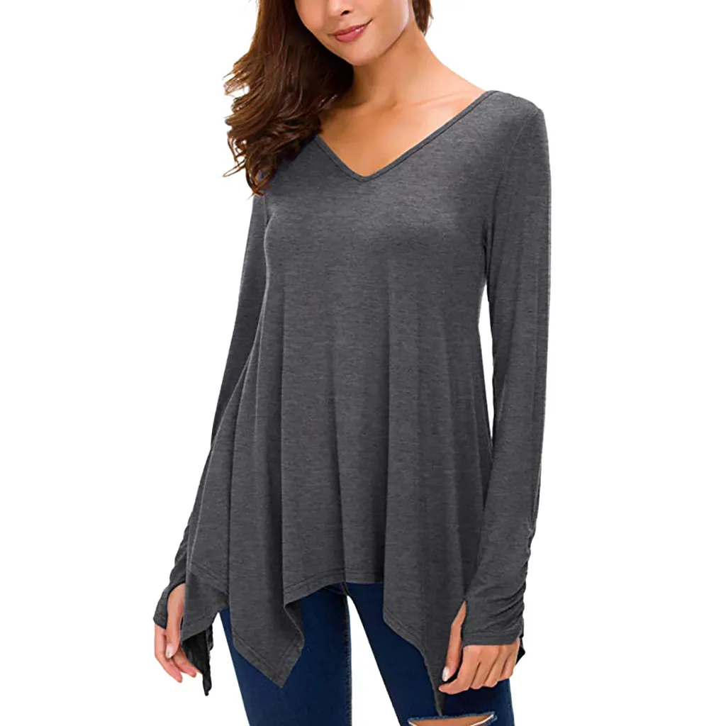 Women Casual Solid Long Sleeve Handkerchief Tunic V-neck Top Shirt long sleeve shirt women |