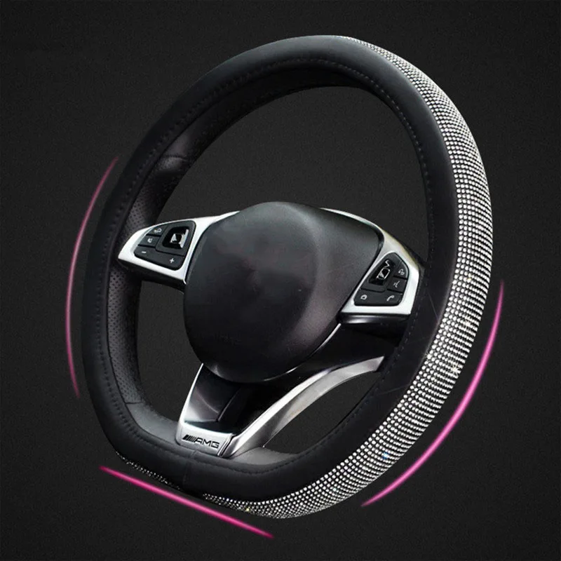 

D Ring with Crystal Rhinestones Car Steering Wheel Cover Diamond Black Leather Steering-Wheels Case For Girls Women Accessories