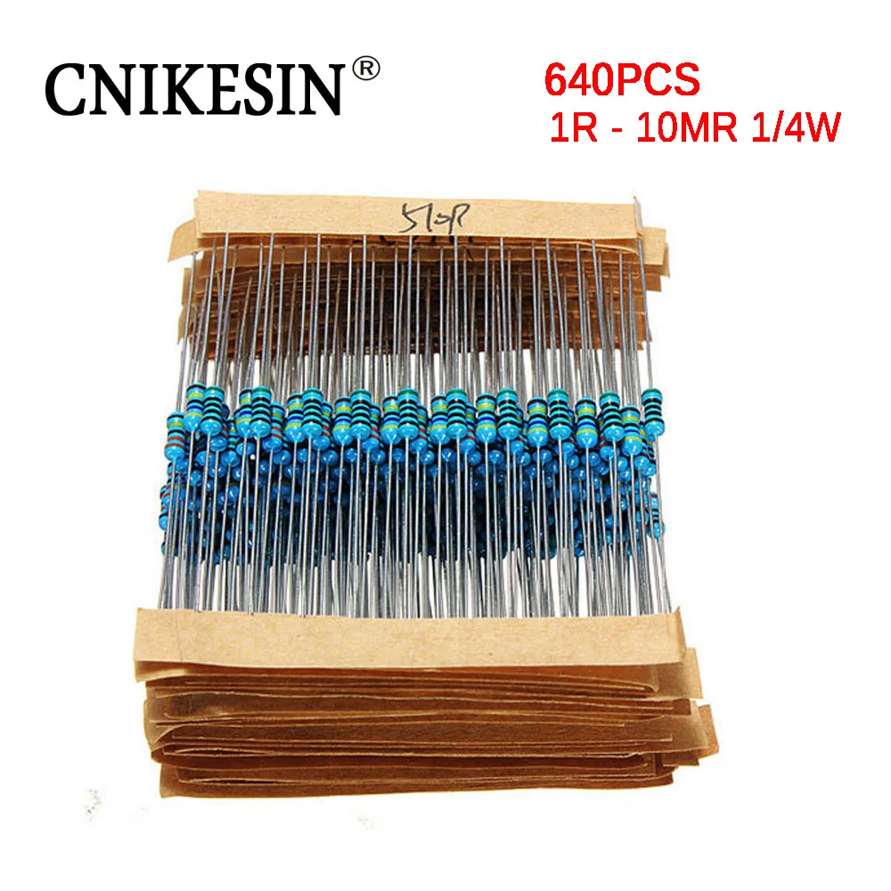 Cnikesin 640 шт. 64 значения 1R 10MR 1/4 Вт Металлические пленочные резисторы Ассорти - Фото №1