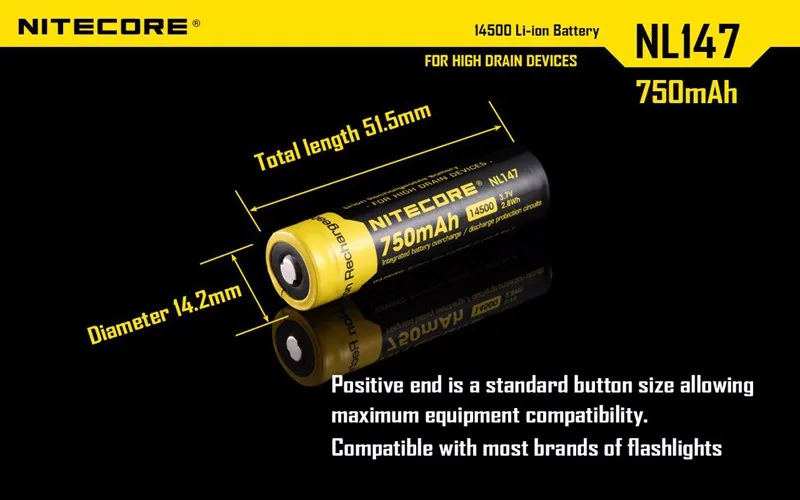 2 шт. Nitecore NL147 литий-ионная аккумуляторная батарея 14500 с 750mAh 3,7 V 2.8Wh