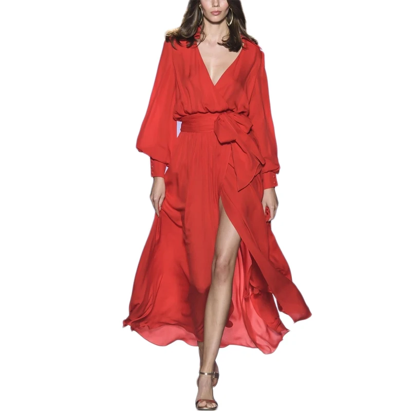 Элегантное сексуальное модное платье с V-образным вырезом и рукавами-фонариками