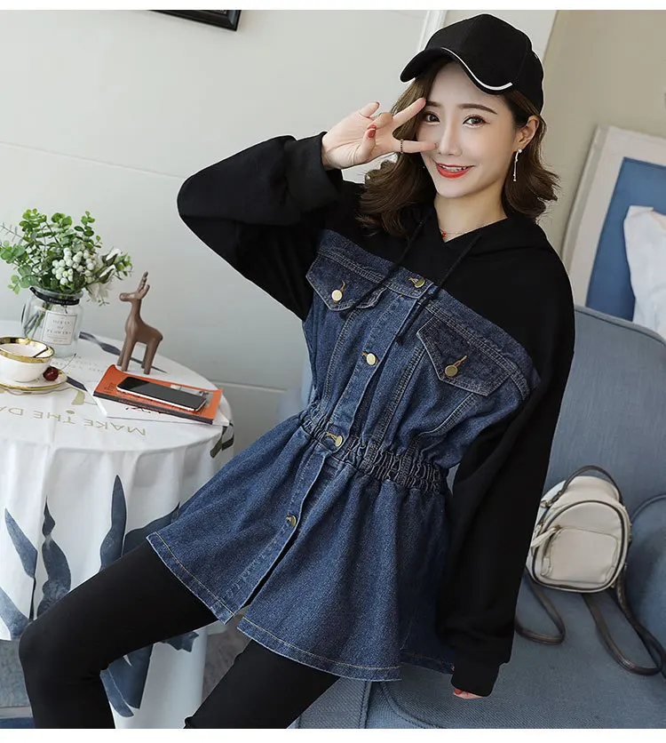 New Spring Fashion Loose Denim Patchwork Hooded Sweatshirts Slim Waist Students Hoodies Casual Tops for Women